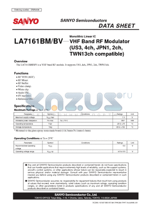 LA7161BV datasheet - VHF Band RF Modulator (US3, 4ch, JPN1, 2ch,TWN13ch compatible)