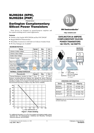 MJH6287G datasheet - DARLINGTON 20 AMPERE COMPLEMENTARY SILICON POWER TRANSISTORS 100 VOLTS, 160 WATTS