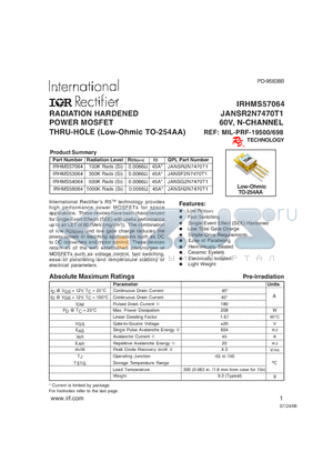 JANSR2N7470T1 datasheet - RADIATION HARDENED POWER MOSFET THRU-HOLE (Low-Ohmic TO-254AA)