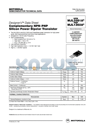 MJL1302A datasheet - 15 AMPERE COMPLEMENTARY SILICON POWER TRANSISTORS 200 VOLTS 200 WATTS