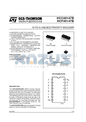 HCC40147B datasheet - 10 TO 4 LINE BCD PRIORITY ENCODER