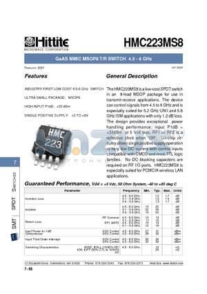 HMC223MS8 datasheet - GaAS MMIC MSOP8 T/R SWITCH 4.5 - 6 GHz