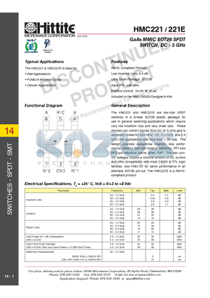 HMC221 datasheet - GaAs MMIC SOT26 SPDT SWITCH, DC - 3 GHz