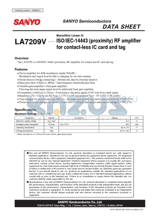 LA7209V datasheet - Monolithic Linear IC ISO/IEC-14443 (proximity) RF amplifier for contact-less IC card and tag