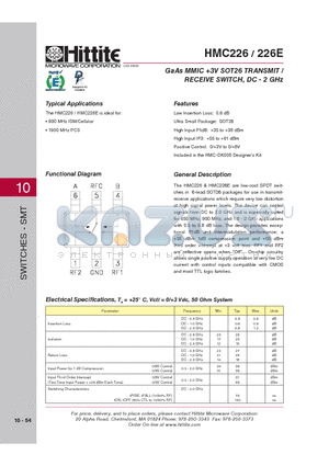 HMC226 datasheet - GaAs MMIC 3V SOT26 TRANSMIT / RECEIVE SWITCH, DC - 2 GHz