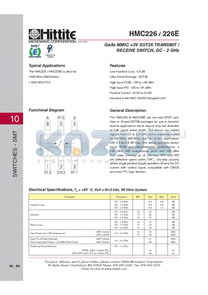 HMC226E datasheet - GaAs MMIC 3V SOT26 TRANSMIT / RECEIVE SWITCH, DC - 2 GHz