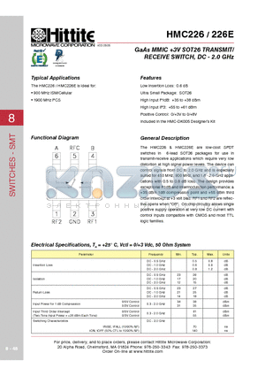 HMC226_06 datasheet - GaAs MMIC 3V SOT26 TRANSMIT RECEIVE SWITCH, DC - 2.0 GHz