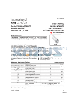 JANSR2N7498T2 datasheet - RADIATION HARDENED POWER MOSFET THRU-HOLE ( TO-39)