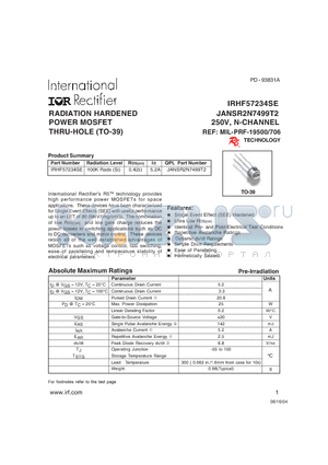 JANSR2N7499T2 datasheet - RADIATION HARDENED POWER MOSFET THRU-HOLE (TO-39)