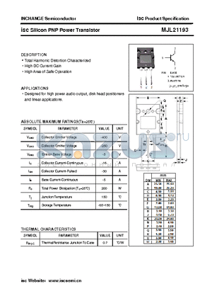 MJL21193 datasheet - isc Silicon PNP Power Transistor