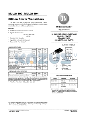 MJL21193G datasheet - Silicon Power Transistors