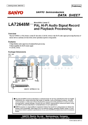 LA72648M datasheet - PAL Hi-Fi Audio Signal Record and Playback Procissing