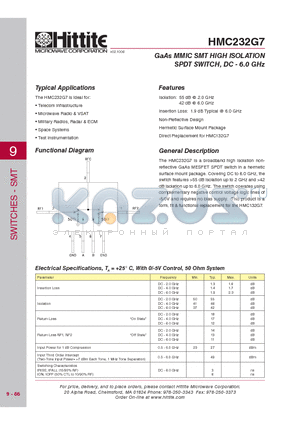 HMC232G7 datasheet - GaAs MMIC SMT HIGH ISOLATION SPDT SWITCH, DC - 6.0 GHz