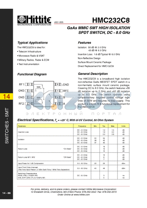 HMC232C8 datasheet - GaAs MMIC SMT HIGH ISOLATION SPDT SWITCH, DC - 8.0 GHz