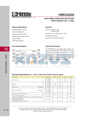 HMC232G8_08 datasheet - GaAs MMIC HIGH ISOLATION SMT SPDT SWITCH, DC - 6 GHz