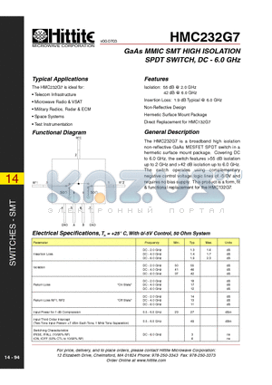 HMC232G7 datasheet - GaAs MMIC SMT HIGH ISOLATION SPDT SWITCH, DC - 6.0 GHz