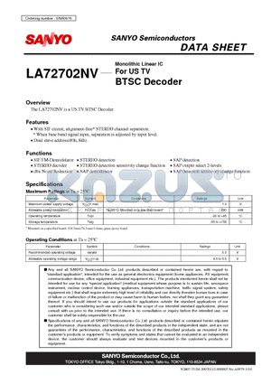 LA72702NV datasheet - Monolithic Linear IC For US TV BTSC Decoder