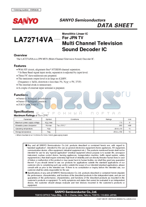 LA72714VA datasheet - Monolithic Linear IC For JPN TV Multi Channel Television Sound Decoder IC