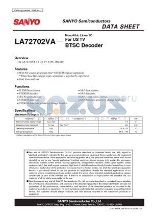 LA72702VA datasheet - Monolithic Linear IC For US TV BTSC Decoder