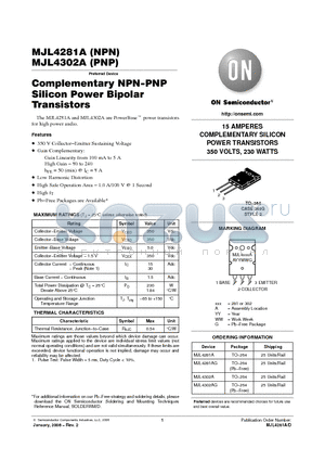 MJL4281A_06 datasheet - 15 AMPERES COMPLEMENTARY SILICON POWER TRANSISTORS 350 VOLTS, 230 WATTS