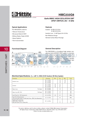 HMC233G8_08 datasheet - GaAs MMIC HIGH ISOLATION SMT SPDT SWITCH, DC - 6 GHz