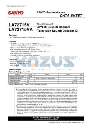 LA72715V datasheet - Monolithic Linear IC JPN MTS (Multi Channel Television Sound) Decoder IC