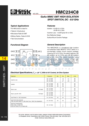 HMC234C8 datasheet - GaAs MMIC SMT HIGH ISOLATION SPDT SWITCH, DC - 8.0 GHz