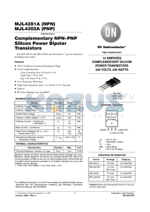 MJL4302AG datasheet - 15 AMPERES COMPLEMENTARY SILICON POWER TRANSISTORS 350 VOLTS, 230 WATTS