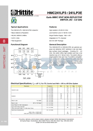 HMC241LP3 datasheet - GaAs MMIC SP4T NON-REFLECTIVE SWITCH, DC - 4.0 GHz
