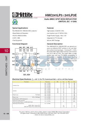 HMC241LP3 datasheet - GaAs MMIC SP4T NON-REFLECTIVE SWITCH, DC - 4 GHz