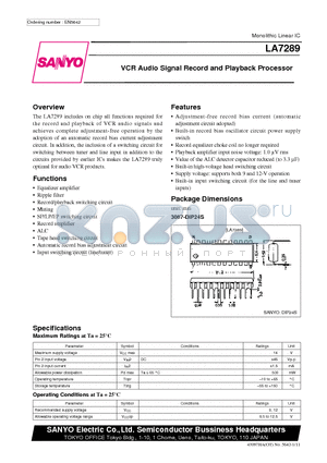 LA7289 datasheet - VCR Audio Signal Record and Playback Processor