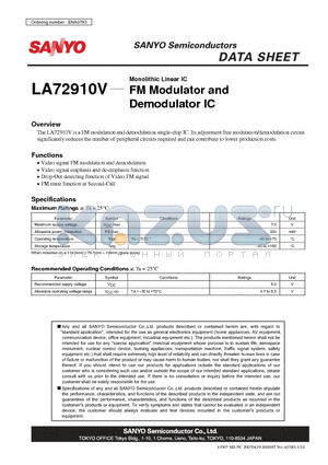LA72910V datasheet - Monolithic Linear IC FM Modulator and Demodulator IC