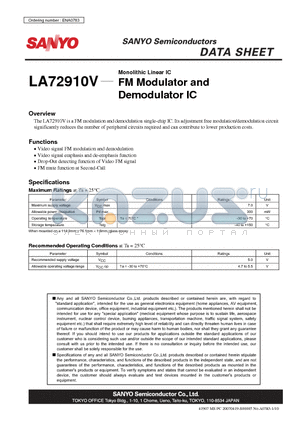 LA72910V datasheet - FM Modulator and Demodulator IC