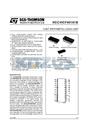 HCC40181B datasheet - 4-BIT ARITHMETIC LOGIC UNIT