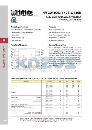 HMC241QS16 datasheet - GaAs MMIC SP4T NON-REFLECTIVE SWITCH, DC - 3.5 GHz