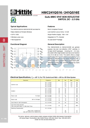 HMC241QS16_06 datasheet - GaAs MMIC SP4T NON-REFLECTIVE SWITCH, DC - 3.5 GHz