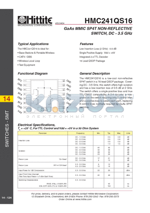 HMC241QS16 datasheet - GaAs MMIC SP4T NON-REFLECTIVE SWITCH, DC - 3.5 GHz