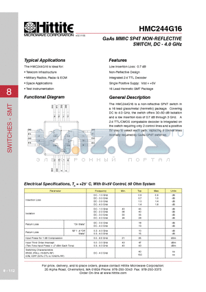 HMC244G16 datasheet - GaAs MMIC SP4T NON-REFLECTIVE SWITCH, DC - 4.0 GHz