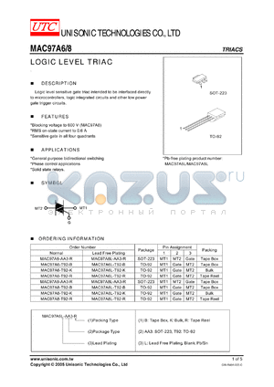 MAC97A8-T92-K datasheet - LOGIC LEVEL TRIAC