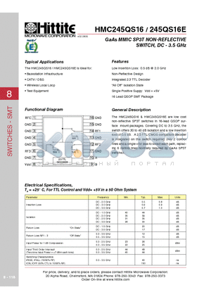 HMC245QS16 datasheet - GaAs MMIC SP3T NON-REFLECTIVE SWITCH, DC - 3.5 GHz