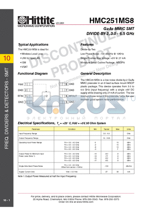 HMC251MS8_10 datasheet - GaAs MMIC SMT DIVIDE-BY-2, 3.0 - 6.5 GHz