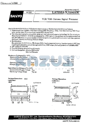 LA7316 datasheet - VCR VHS Chroma Signal Processor