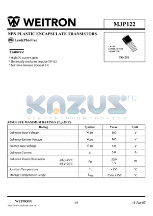 MJP122 datasheet - NPN PLASTIC ENCAPSULATE TRANSISTORS