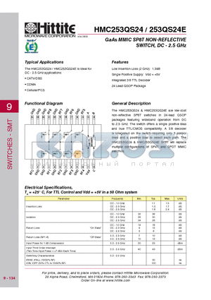 HMC253QS24 datasheet - GaAs MMIC SP8T NON-REFLECTIVE SWITCH, DC - 2.5 GHz