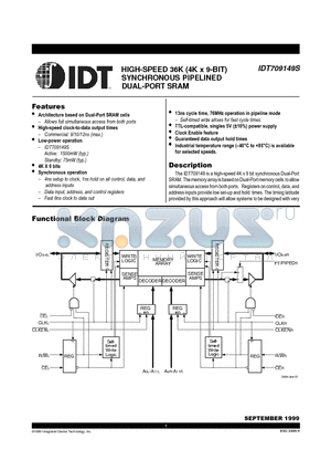 IDT709149S datasheet - HIGH-SPEED 36K (4K x 9-BIT) SYNCHRONOUS PIPELINED DUAL-PORT SRAM