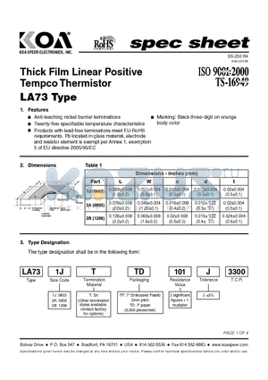 LA732BTTD101J330 datasheet - Thick Film Linear Positive Tempco Thermistor