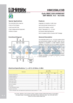 HMC258LC3B datasheet - GaAs MMIC SUB-HARMONIC SMT MIXER, 14.5 - 19.5 GHz