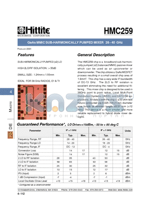 HMC259 datasheet - GaAs MMIC SUB-HARMONICALLY PUMPED MIXER 28 - 40 GHz