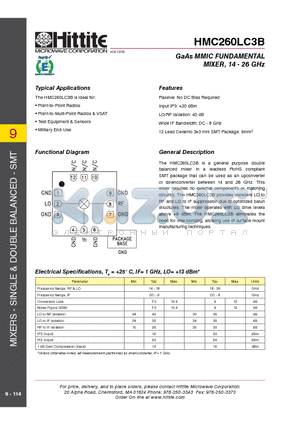 HMC260LC3B datasheet - GaAs MMIC FUNDAMENTAL MIXER, 14 - 26 GHz