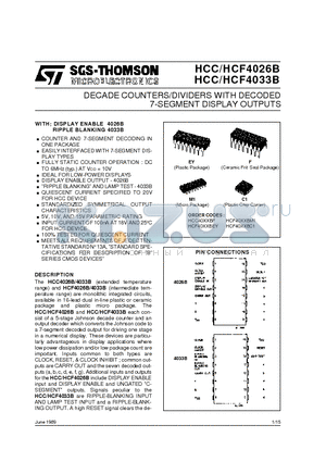 HCC4026BF datasheet - 7-SEGMENT DISPLAY OUTPUTS DECADE COUNTERS/DIVIDERS WITH DECODED